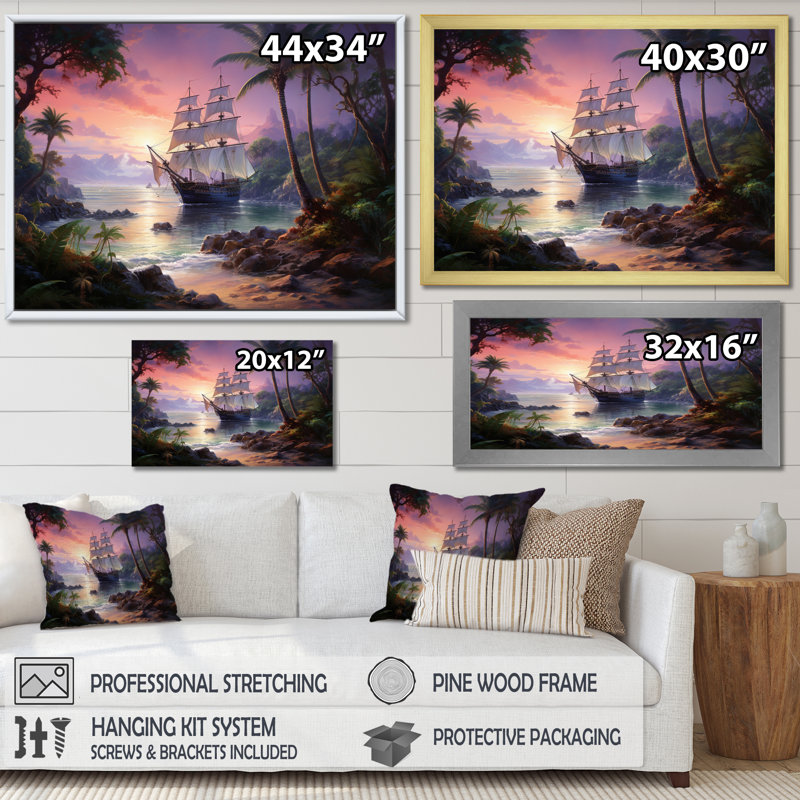 Bateau pirate, île perdue - Transport, impressions sur toile, H 16 po x l 32 po x P 1 po, Toile tendue