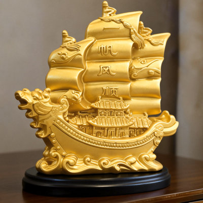 4.33" W x 5.12" H Pearl-Gold Wealth Sailing Ship Statue - Feng Shui Fortune Decor for Home & Office Nautical Decoration