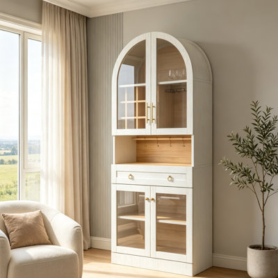 Armoire de bar 70 po de haut style Mid-Century avec porte-bouteilles, porte-verres, crochets, tablette réglable, tiroir et portes en verre trempé