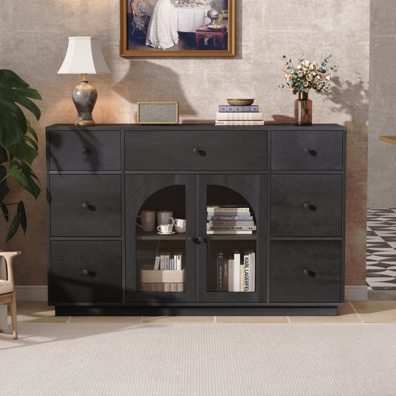 Large Size Accent Storage Cabinet, For Living Room/Dining Room Entrance With 2-Doors And 7-Drawers, Black