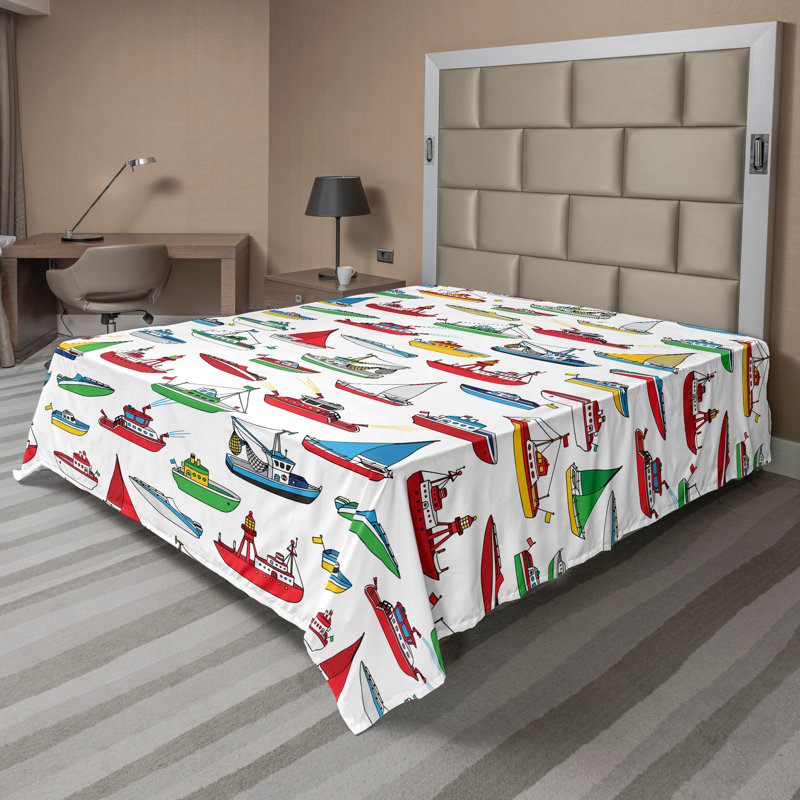 Ambesonne Nautical Top Flat Sheet Cartoon Fishing Boats Multicolor, Full Flat Sheet