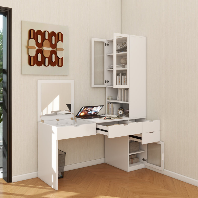 Meuble-lavabo polyvalent avec miroir et station de charge, coiffeuse avec 8 compartiments de rangement cachés, bureau d'ordinateur à 3 tiroirs, 2 armoires et tablettes ouvertes, bureau personnel, blanc