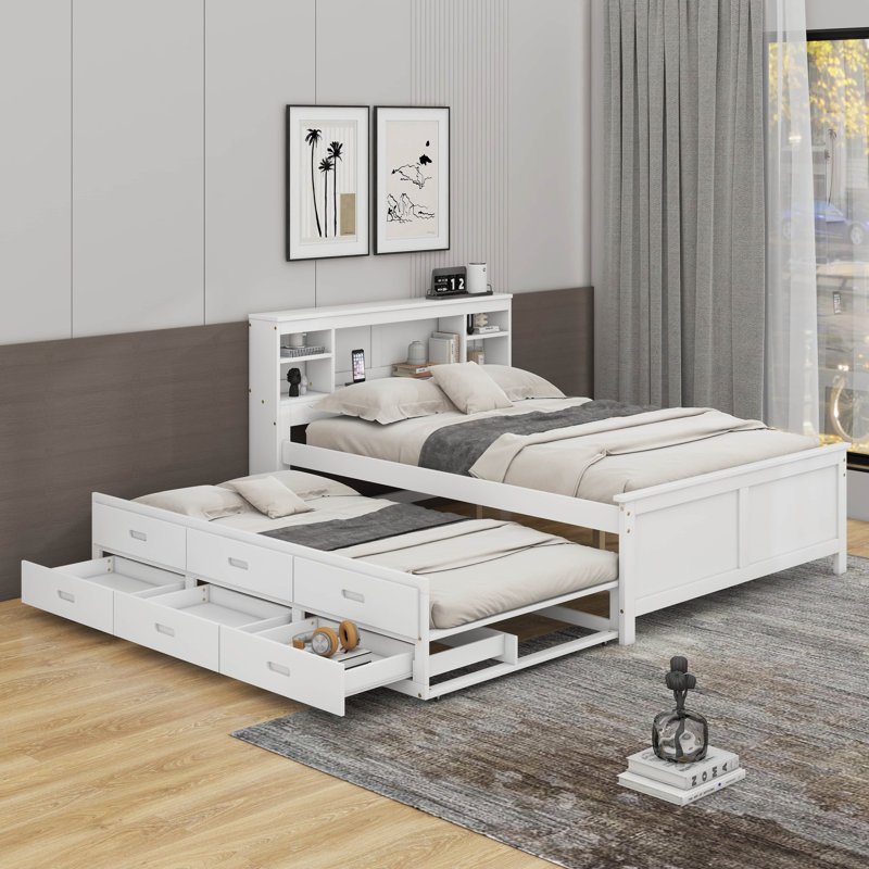 Full Size Platform Bed With Storage Headboard, USB, Trundle And 3 Drawers, White
