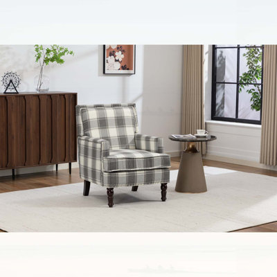 Vintage Upholstered Accent Chair with Solid Wood Legs, Grey Linen Fabric, and Nailhead Trim for Elegant Living Room