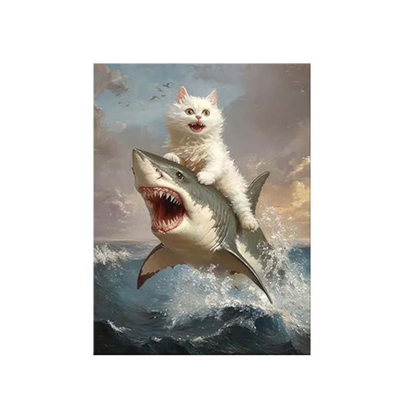 Dakota Fields Funny Cat Riding Shark Canvas Wall Art Quirky White Cat ...