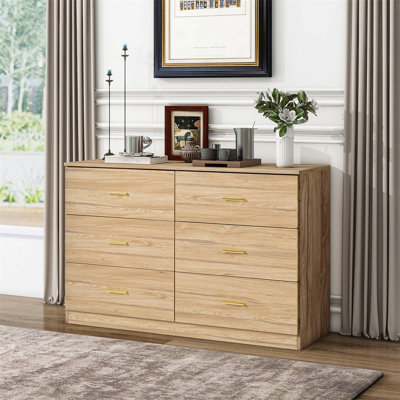 Modern Natural 6-Drawer Dresser For Bedroom - Ample Storage Wide Chest Of Drawers, Sturdy & Safe