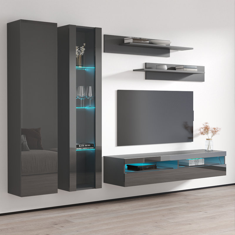 100" Modern Floating Wall Mounted Entertainment Center with 16-Color LED Lighting, High Gloss Finish, Gray