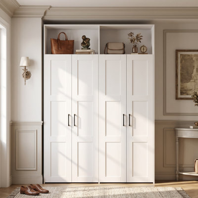 Meuble à chaussures d'entrée blanc de 220 cm de hauteur, pouvant contenir 30 paires, 4 portes, étagères ouvertes et crochets intégrés