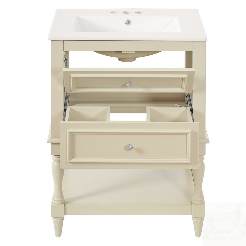 Meuble-lavabo rétro avec lavabo en céramique, 2 tiroirs et tablette ouverte pour un rangement élégant et une fonctionnalité moderne