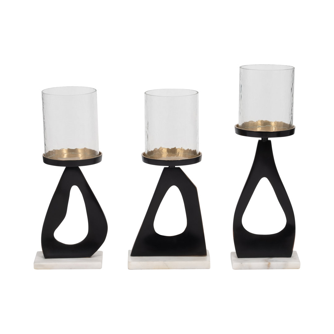 Modern Metal Candle Holder with Marble Base - Decorative Pillar Candlestick Holder for Tabletop Accent - Set of 3, 15", 13", 13", Gold Ivy Bronx 