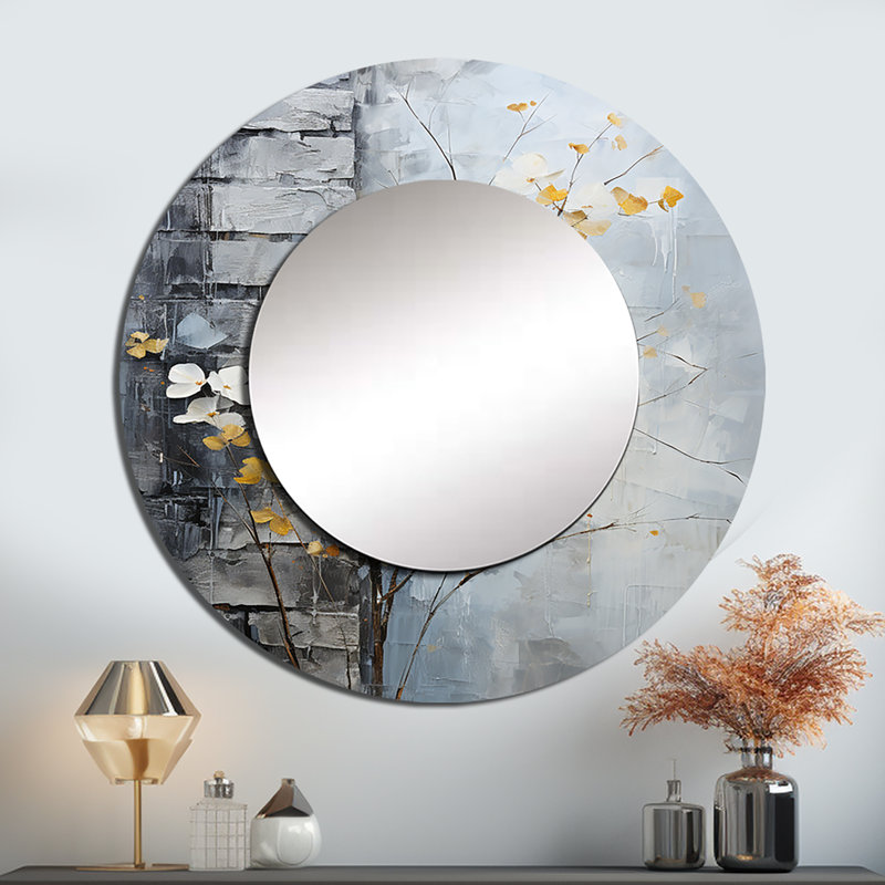 Sedina minimaliste granit raisin feuilles - miroir décoratif de feuilles, grand miroir mural rond traditionnel, impression d'art en métal
