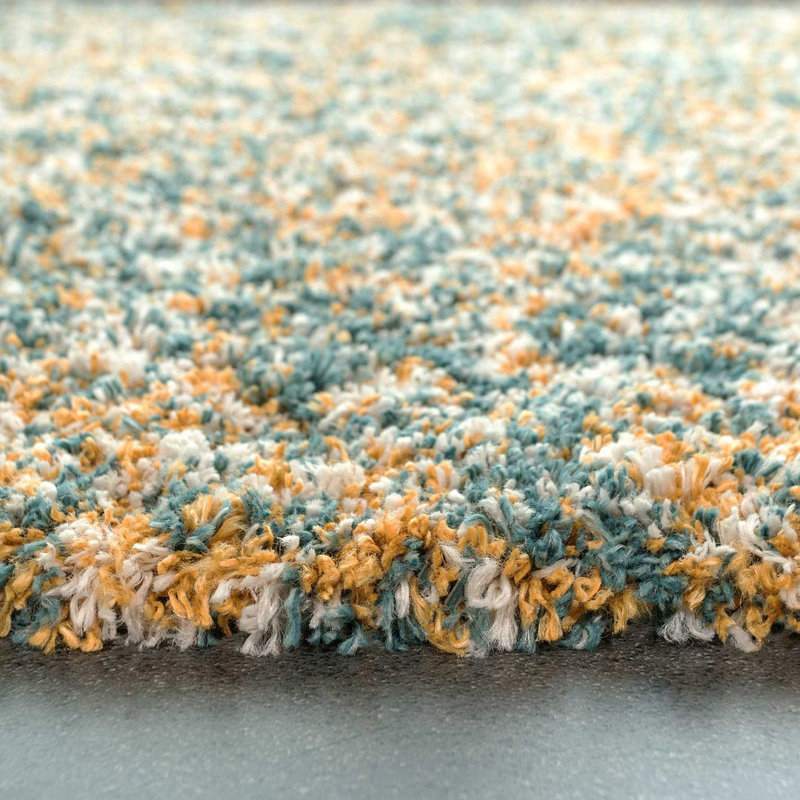 Doniece Teal Blue Yellow Shaggy Rug Soft Fluffy Deep Pile Mottled Warm Bedroom Mat, Rectangle 200 x 290cm