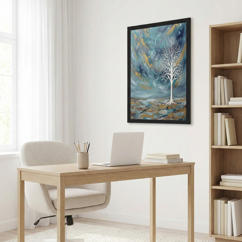White Tree in Teal and Gold Abstract Landscape Canvas Wall Art, 16"H x 24"W