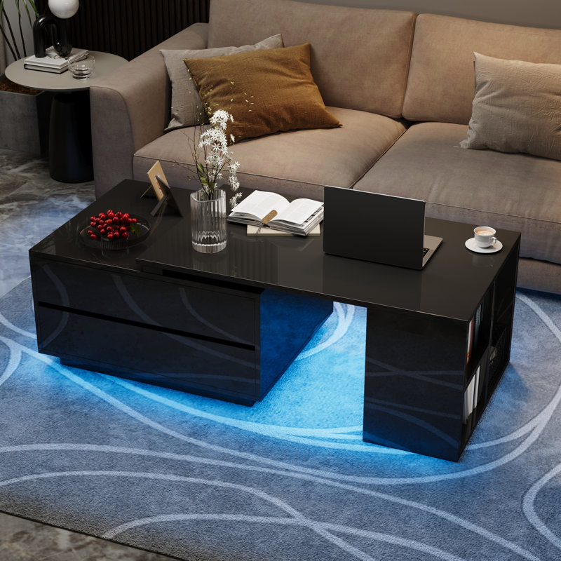  35"- 60" Extandable LED Coffee Tables With Storage 4 Drawers & Open Shelves, Black