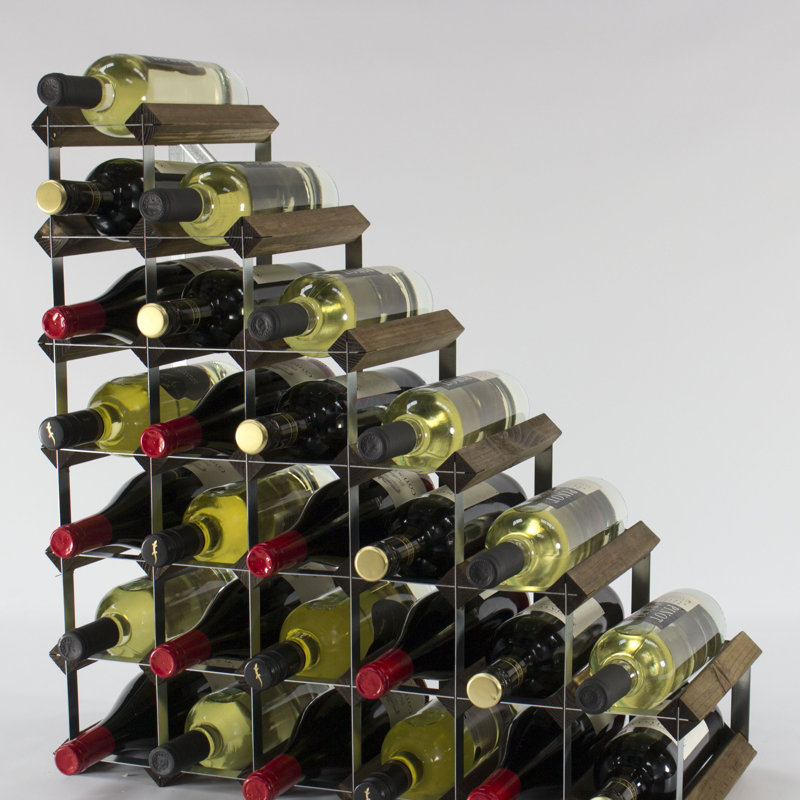 Liddle 27 Bottle Floor Wine Bottle Rack, Walnut Stained Pine / Galvanised Steel