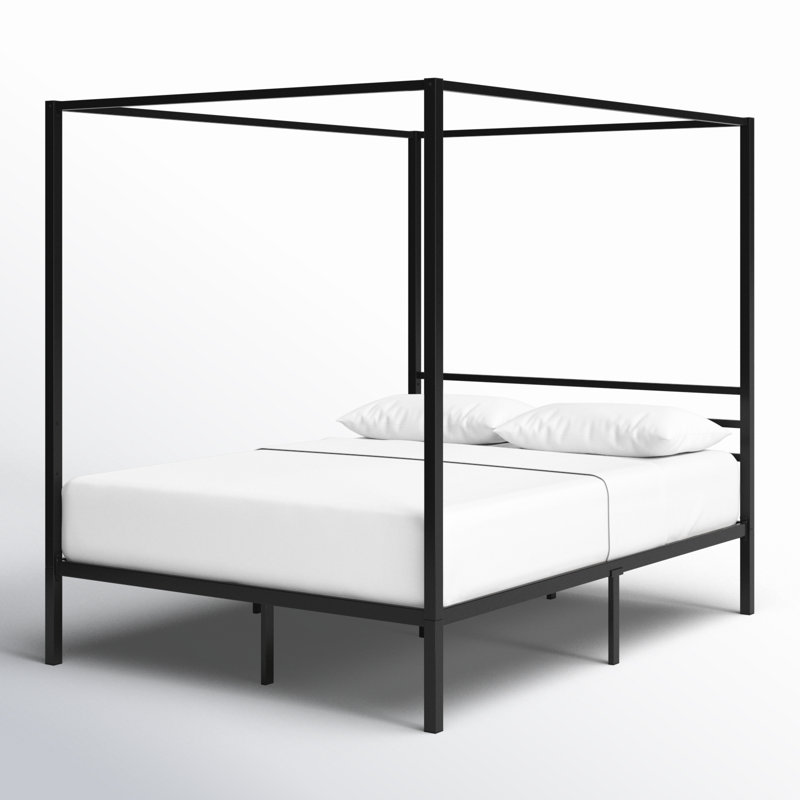Tabiauea Metal Canopy Bed Frame with Wooden or Metal Slats, Full, Black