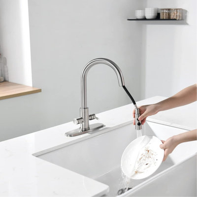 Stainless Steel Kitchen Faucet With Pull-Down Sprayer – 2-Handle Sink Faucet For Kitchen & Bar, Durable Faucet With Spray Function