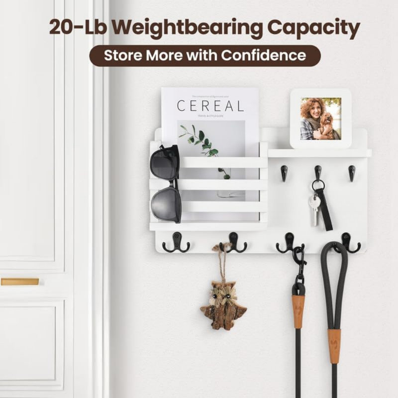 Rustic Dark Brown Wood Wall Mounted Mail Organizer with Key Hooks