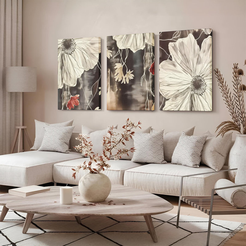 Abstrait floral sur toile tendue, impression monochrome (ensemble de 3), H 30 po x l 60 po