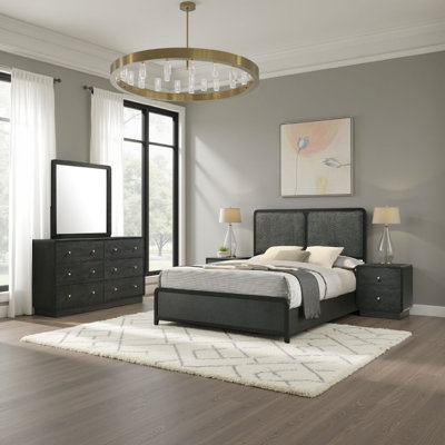Ensemble de chambre à coucher grand lit 4 pièces Cavy, revêtement gris anthracite, or