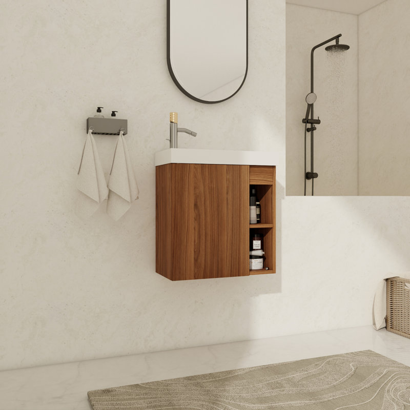 Ensemble de meuble-lavabo simple 19,73 po avec plateau en résine Essy, Brun, Blanc