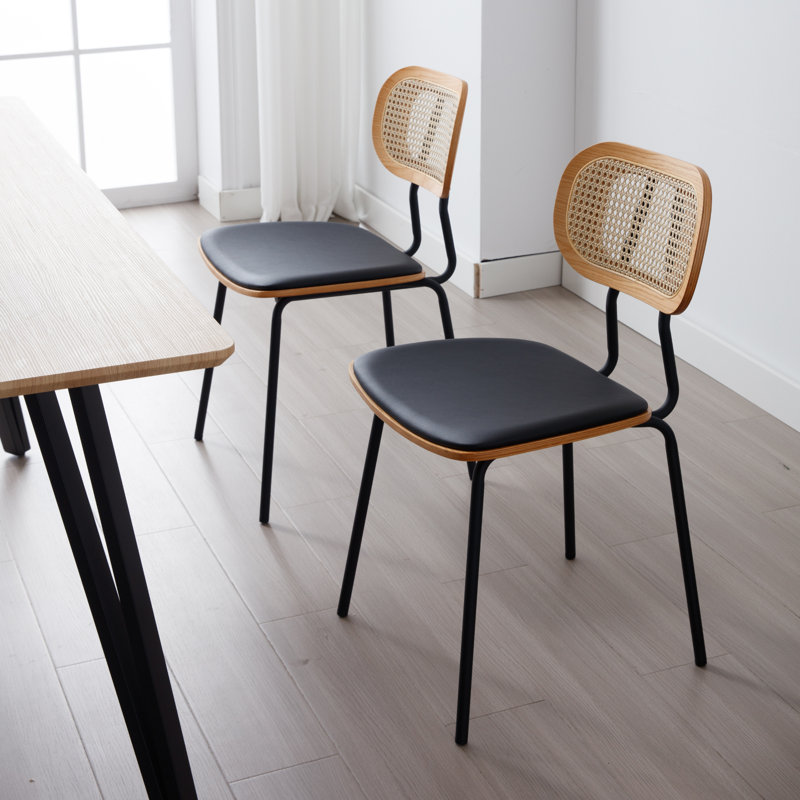 Modern Rattan Dining Chairs Upholstered Faux Leather Dining Room Chairs with Rattan Backrests and Metal Legs Armless Kitchen Chairs for Dining Room
