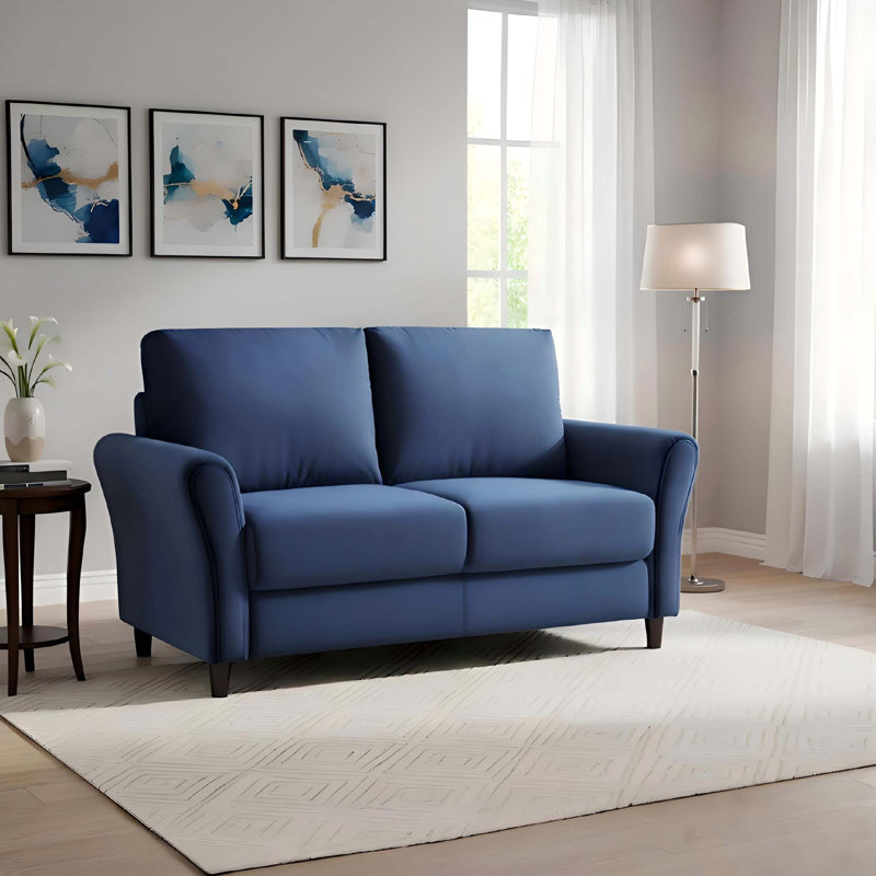 Canapé Mid-Century moderne à accoudoirs courbés avec structure en bois massif, Tissu bleu foncé