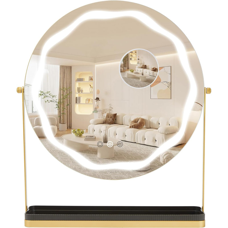 Miroir de maquillage à DEL avec loupe 10X, 3 lumières à intensité variable, pivotant à 360 °, commande tactile et base en métal avec plateau