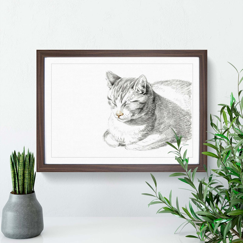 Cat at Peace by Jean Bernard - Picture Frame Drawing Print, 27cm H x 36cm W x 2cm D, Walnut Framed