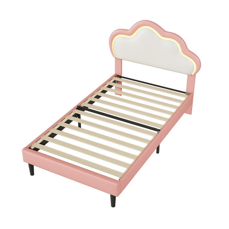 European Single (90X200cm) Children's Bed With LED Headboard, Upholstered Cloud Shaped Frame, Pink Faux Leather