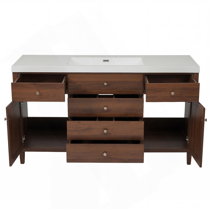 Meuble-lavabo de 60 po avec lavabo SMC, grande armoire de rangement moderne avec tiroirs à fermeture en douceur et portes en rotin, boutons en métal argenté et 5 pieds en pin, brun