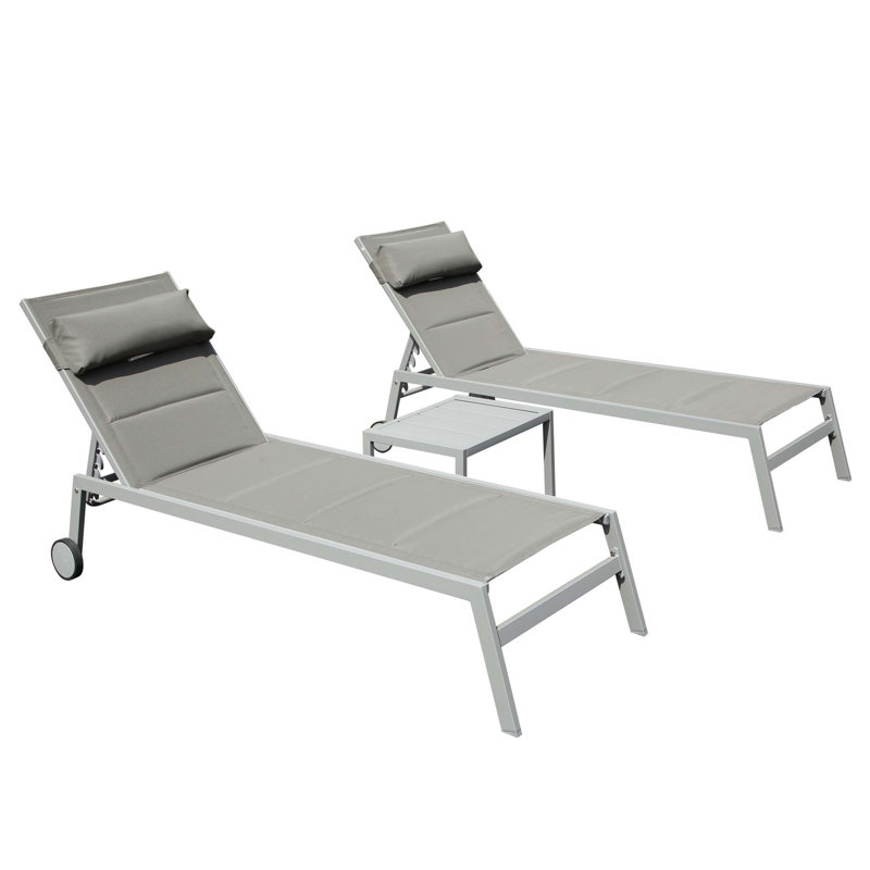 Outdoor Patio Chaise Lounge Set of 3, Aluminum Pool Lounge Chairs with Side Table and Wheels, PVC-coated polyester Padded Adjustable Recliner All Weather for Poolside, Beach, Yard, Balcony