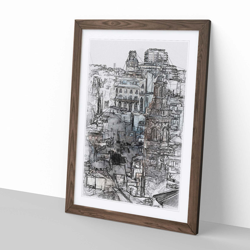 Valencia Skyline in Spain in Abstract - Picture Frame Graphic Art Print, Walnut, 60cm H x 40cm W x 2cm D