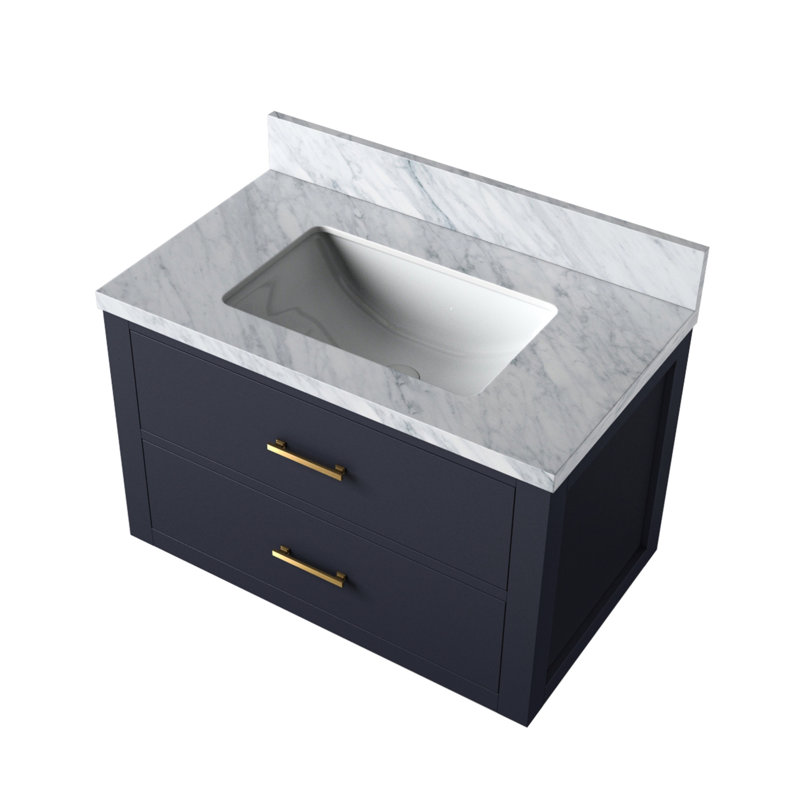 Meuble-lavabo simple bleu l 30 po x P 22 po avec magnifique comptoir en marbre et bois massif 30 po 22 Vue de la salle de bain