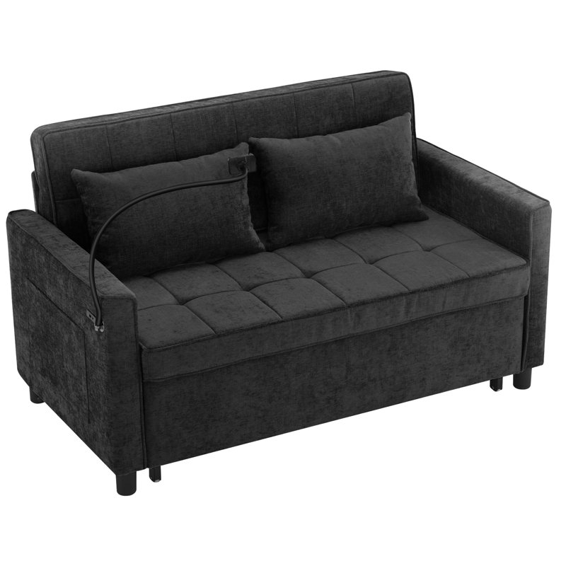 Canapé-lit coulissant de 56,9 po avec canapé-lit réversible, poches latérales, deux ports USB et support de téléphone pour le salon, noir
