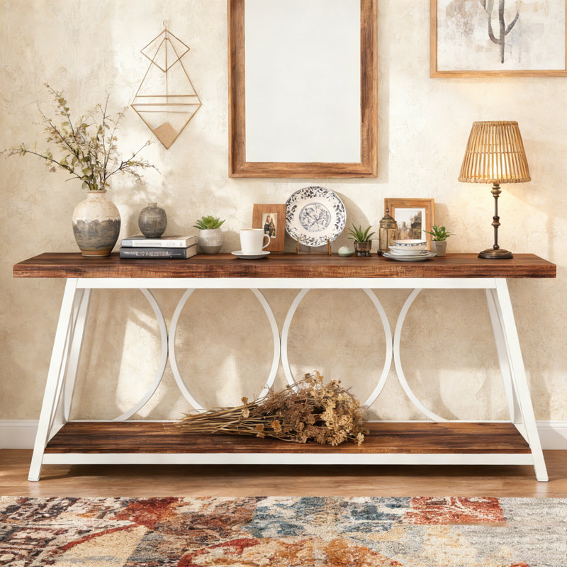 2-Tier Console Table Industrial Sofa Table Behind Couch with Shelves, White & Brown