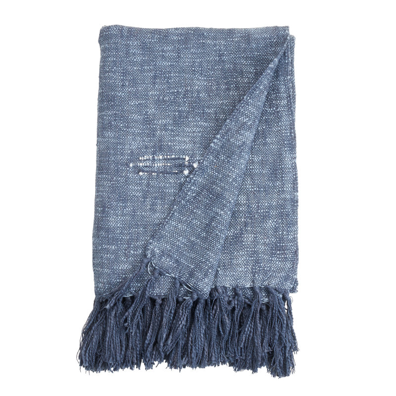 Navy Blue Cotton Cooling Throw Blanket with Fringe