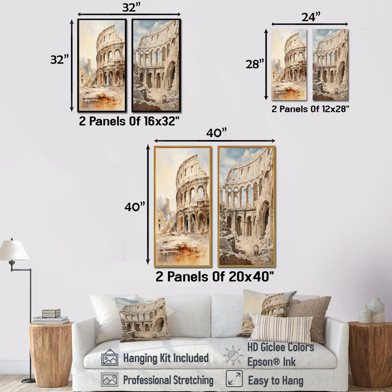 «Italian Colosseum Memory», ensemble de 2 reproductions d'art mural, Toile tendue, H 32 po x l 33 po