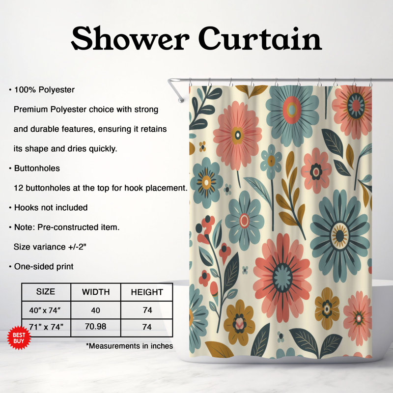 Rideau de douche standard 1 pièce Retro Bloom Pop, H 74 po x l 71 po