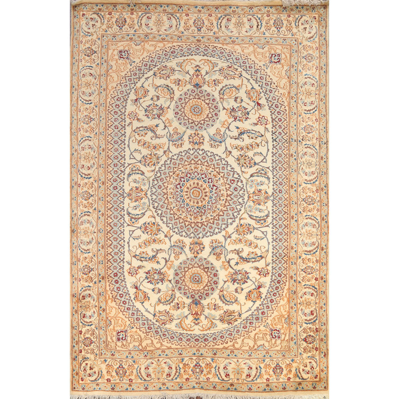 Tapis beige en laine noué à la main de conception unique 6 pi 4 po x 9 pi 7 po Ndrew