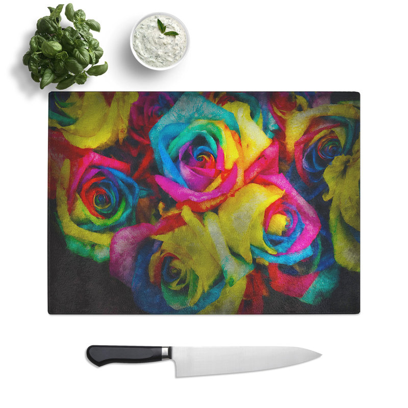 Tempered Glass Multi-Coloured Rainbow Roses Chopping Board, 28.5 cm x 39 cm