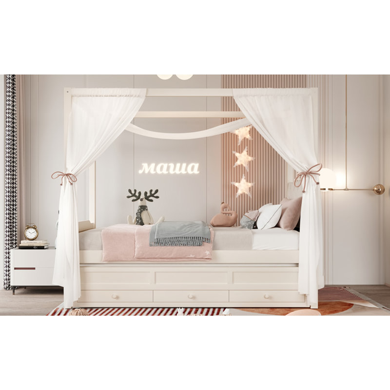 Cadre de lit à baldaquin pour enfants, rangement et assemblage facile Princess, Beige, Lit simple