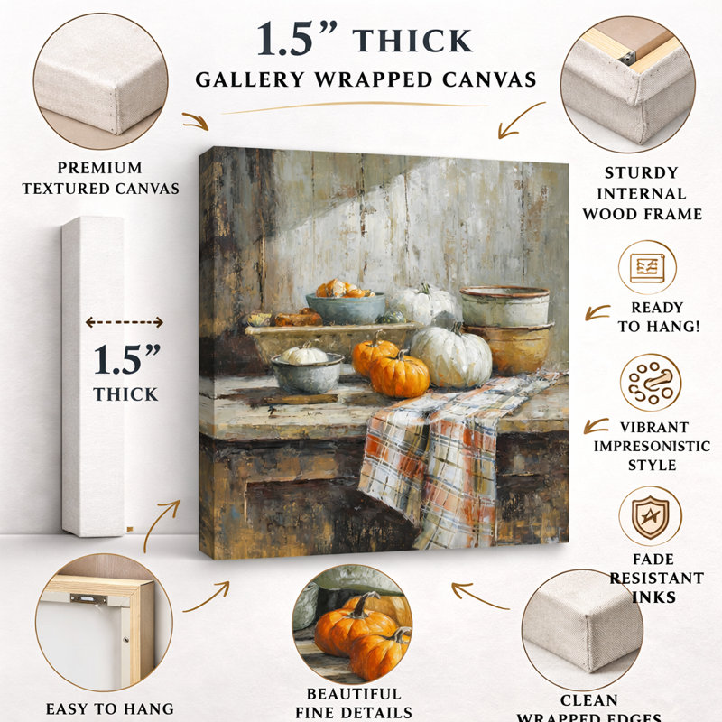 «Rustic Table Pumpkin», art mural sur toile tendue, H 40 po x l 40 po