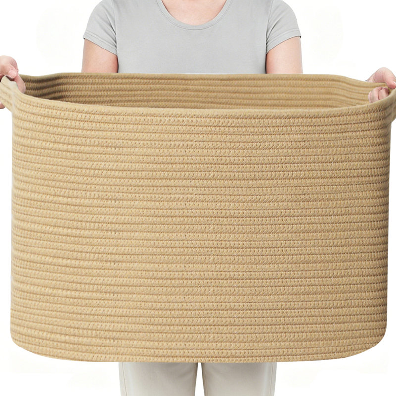 62L Extra Large Cotton Rope Storage Basket with Handles – Woven Blanket Basket for Clothes, Blankets, Pillows & Toys, Yellow