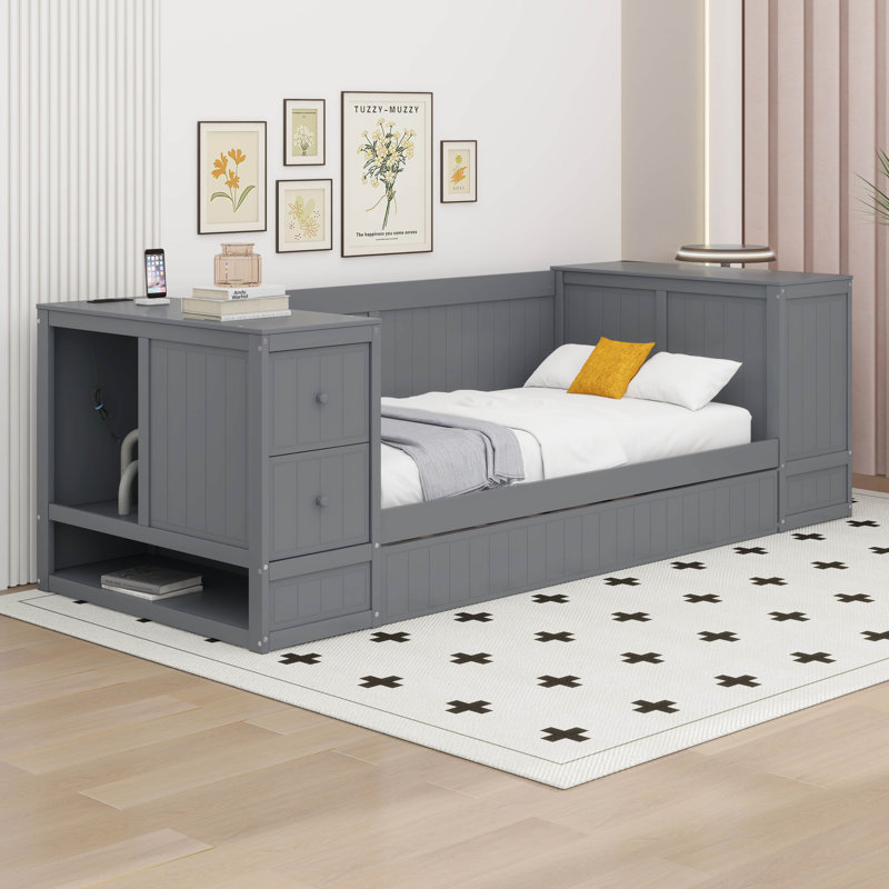 Twin Size Daybed With Trundle & Drawers, Gray