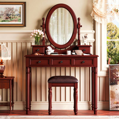 Ensemble de coiffeuse avec miroir à angle réglable, ensemble de coiffeuse et tabouret rembourré avec doublure en velours 5 tiroirs, ensemble de coiffeuse en bois pour la chambre à coucher