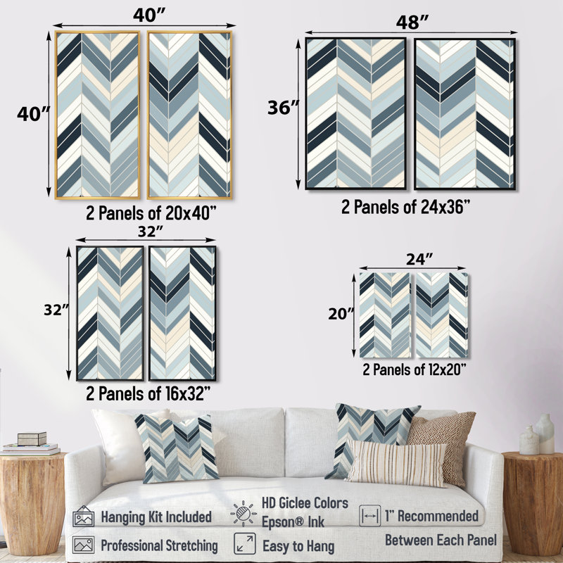 Motif à chevrons gris et blanc à chevrons - Grandes impressions sur toile 2 pièces, H 40 po x l 40 po, Brun