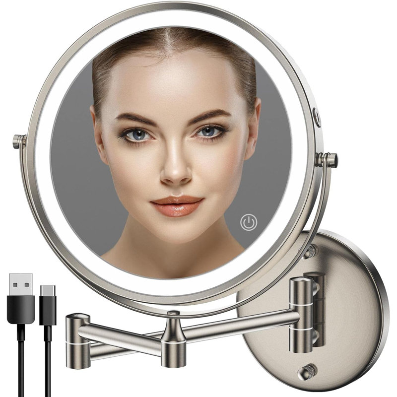 8" Rechargeable Wall-mounted Makeup Mirror Nickel