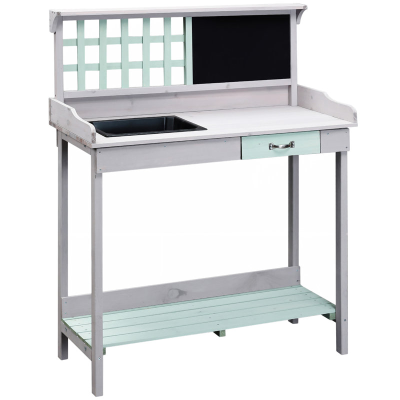Banc de rempotage extérieur en bois avec lavabo amovible, banc de travail de jardin avec tableau noir, tiroir, rangement ouvert, gris clair Outsunny