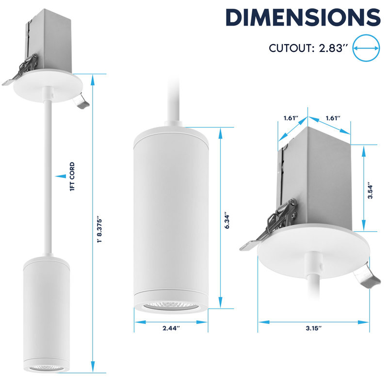  Luminaire suspendu cylindrique de 2,5 pouces DEL, 5CCT 2700K – 5000K, 1100LM, 15W, CRI90, à intensité variable, câble de montage encastré 1FT, 120-277 V, ETL, calibré IC, blanc
